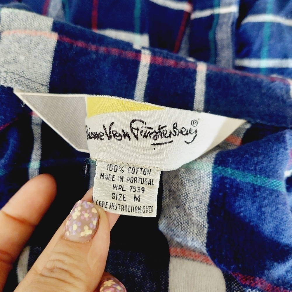 Diane Von Furstenberg Blue Plaid Cotton Long Sleeve Shirt P276 - Picture 6 of 8